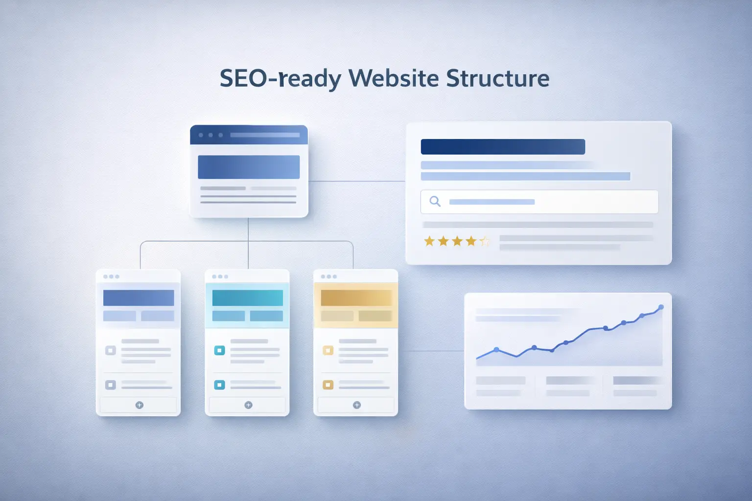 SEO-ready website structure illustration with sitemap, search snippet, and analytics elements