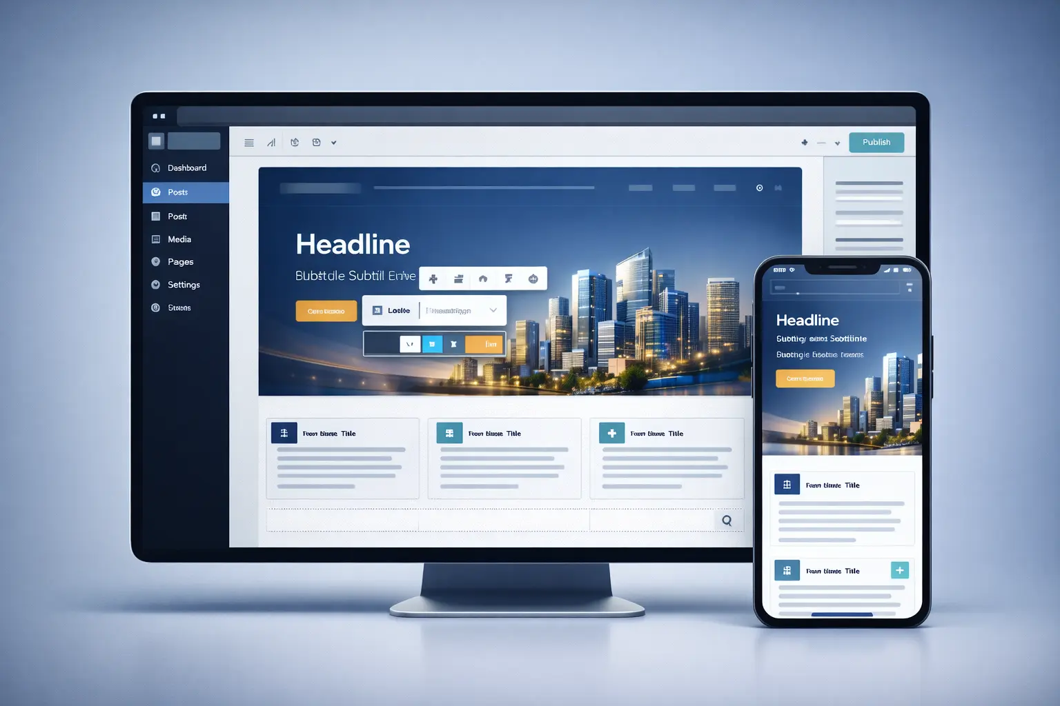 Desktop and mobile business website mockup representing WordPress CMS management
